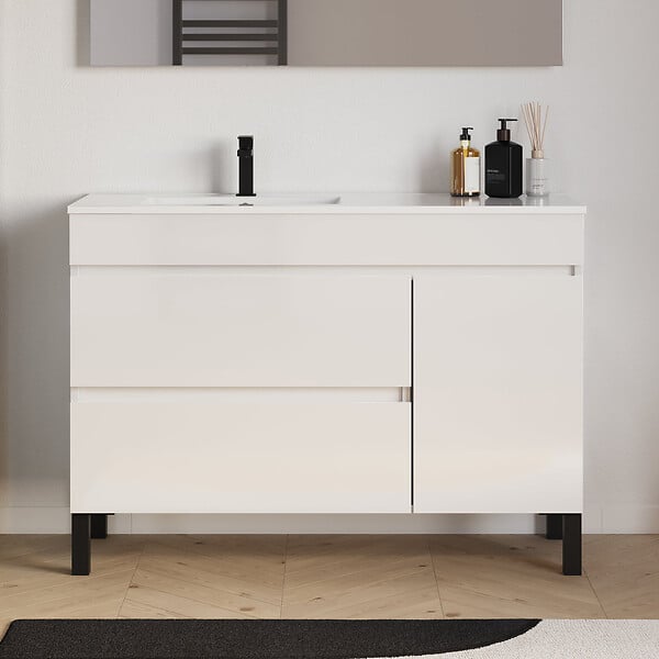 COSYNEO - Meuble de salle de bain 120cm sur pieds avec vasque déportée à gauche avec porte et tiroirs - blanc brillant - LAZARO - large