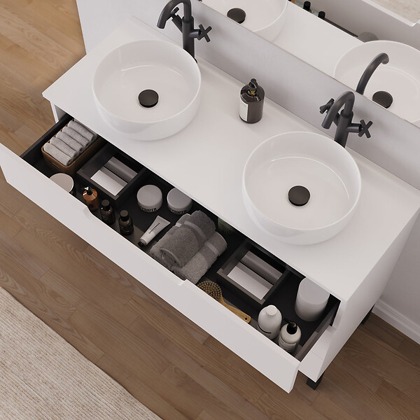 COSYNEO - Meuble de salle de bain 120cm avec plateau et 2 vasques à poser rondes - 3 tiroirs - sans miroir - blanc mat - RIZA - large