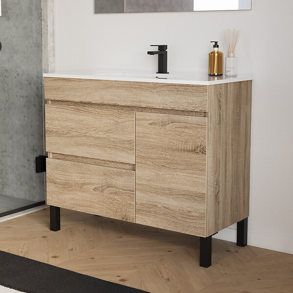 COSYNEO - Meuble de salle de bain 100cm simple vasque sur pieds avec porte et tiroirs - sans miroir - cambrian (chêne clair) - LAZARO - large