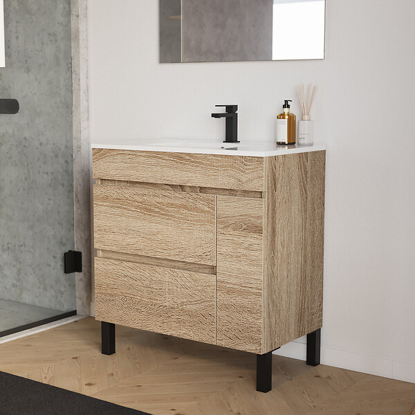 COSYNEO - Meuble de salle de bain 80cm simple vasque sur pieds avec porte et tiroirs - cambrian (chêne clair) - LAZARO - large