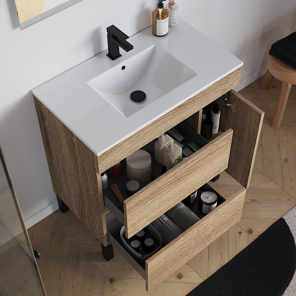 COSYNEO - Meuble de salle de bain 80cm simple vasque sur pieds avec porte et tiroirs - cambrian (chêne clair) - LAZARO - large