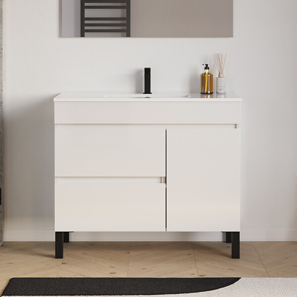 COSYNEO - Meuble de salle de bain 90cm simple vasque sur pieds avec porte et tiroirs - blanc brillant - LAZARO - large