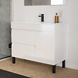 COSYNEO - Meuble de salle de bain 90cm simple vasque sur pieds avec porte et tiroirs - blanc brillant - LAZARO - vignette