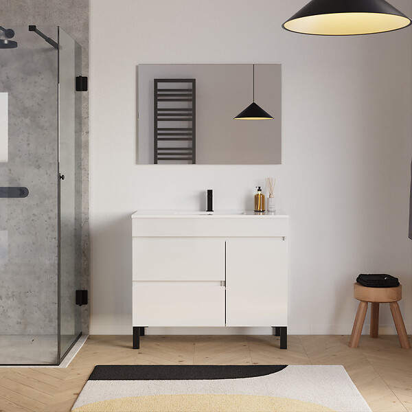 COSYNEO - Meuble de salle de bain 90cm simple vasque sur pieds avec porte et tiroirs - blanc brillant - LAZARO - large