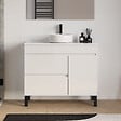 COSYNEO - Meuble de salle de bain 90cm avec plateau et vasque à poser ronde - porte et tiroirs - sans miroir - blanc brillant - LAZARO - vignette