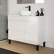 COSYNEO - Meuble de salle de bain 90cm avec plateau et vasque à poser ronde - porte et tiroirs - sans miroir - blanc brillant - LAZARO - vignette