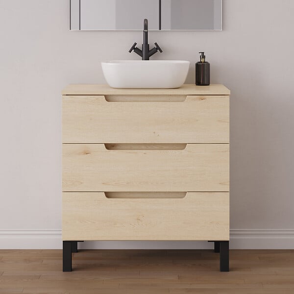 COSYNEO - Meuble de salle de bain 80cm avec plateau et vasque à poser arrondie - 3 tiroirs - roble calima (bois clair) - RIZA - large