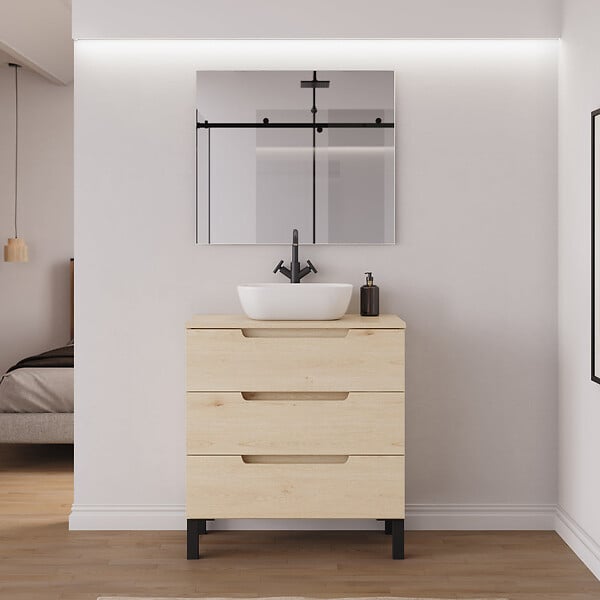 COSYNEO - Meuble de salle de bain 80cm avec plateau et vasque à poser arrondie - 3 tiroirs - roble calima (bois clair) - RIZA - large