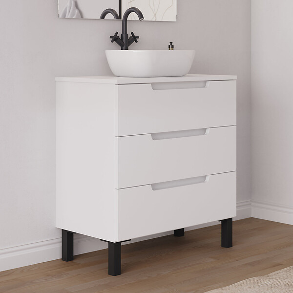 COSYNEO - Meuble de salle de bain 70cm avec plateau et vasque à poser arrondie - sans miroir - 3 tiroirs - blanc mat - RIZA - large