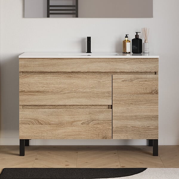 COSYNEO - Meuble de salle de bain 120cm simple vasque sur pieds avec porte et tiroirs - cambrian (chêne clair) - LAZARO - large