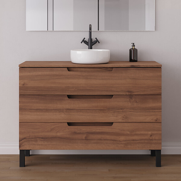 COSYNEO - Meuble de salle de bain 120cm avec plateau et vasque à poser ronde - 3 tiroirs - noyer (bois foncé) - RIZA - large