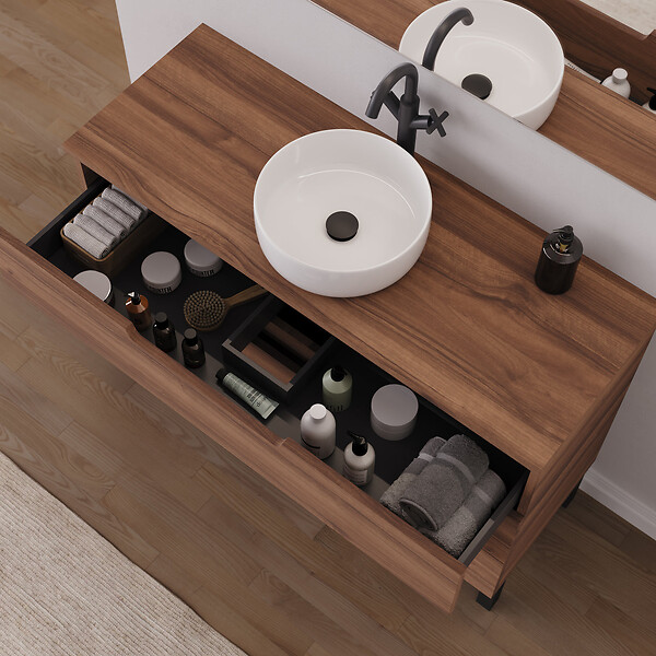 COSYNEO - Meuble de salle de bain 120cm avec plateau et vasque à poser ronde - 3 tiroirs - noyer (bois foncé) - RIZA - large