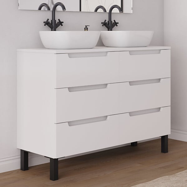 COSYNEO - Meuble de salle de bain 140cm avec plateau et 2 vasques à poser arrondies - 6 tiroirs - sans miroir - blanc mat - RIZA - large