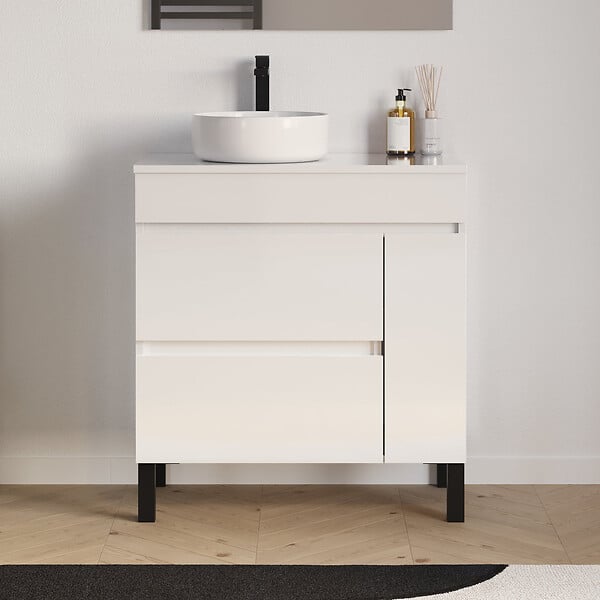 COSYNEO - Meuble de salle de bain 70cm avec plateau et vasque à poser ronde - porte et tiroirs - sans miroir - blanc brillant - LAZARO - large