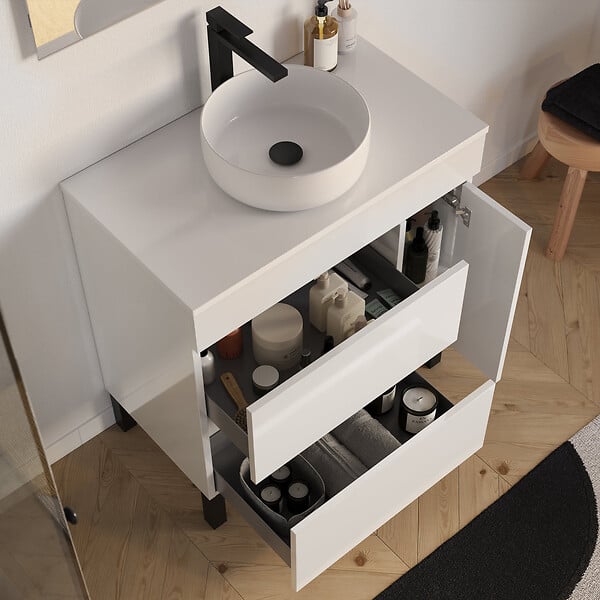 COSYNEO - Meuble de salle de bain 70cm avec plateau et vasque à poser ronde - porte et tiroirs - sans miroir - blanc brillant - LAZARO - large
