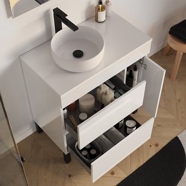 COSYNEO - Meuble de salle de bain 70cm avec plateau et vasque à poser ronde - porte et tiroirs - sans miroir - blanc brillant - LAZARO - large
