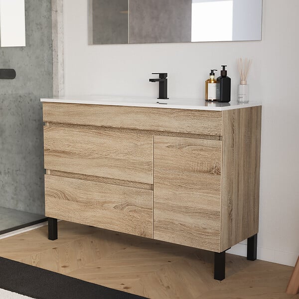 COSYNEO - Meuble de salle de bain 120cm simple vasque sur pieds avec porte et tiroirs - sans miroir - cambrian (chêne clair) - LAZARO - large
