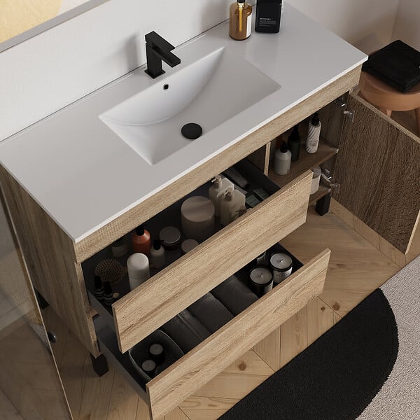 COSYNEO - Meuble de salle de bain 120cm simple vasque sur pieds avec porte et tiroirs - sans miroir - cambrian (chêne clair) - LAZARO - large