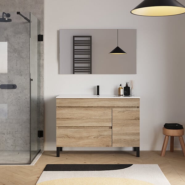 COSYNEO - Meuble de salle de bain 120cm simple vasque sur pieds avec porte et tiroirs - sans miroir - cambrian (chêne clair) - LAZARO - large