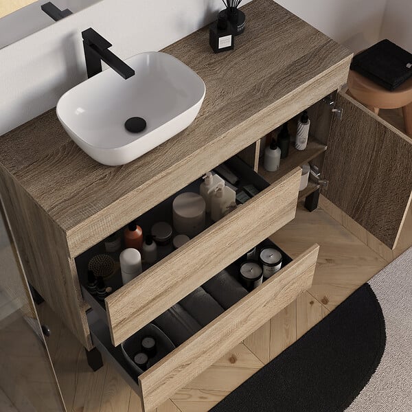 COSYNEO - Meuble de salle de bain 120cm avec plateau et vasque à poser arrondie - porte et tiroirs - sans miroir - cambrian (chêne clair) - LAZARO - large