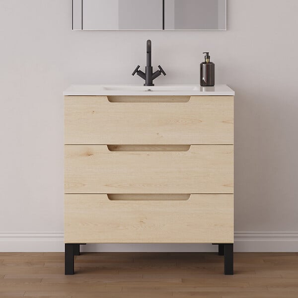 COSYNEO - Meuble de salle de bain 80cm simple vasque - 3 tiroirs - roble calima (bois clair) - RIZA - large