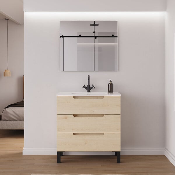 COSYNEO - Meuble de salle de bain 80cm simple vasque - 3 tiroirs - roble calima (bois clair) - RIZA - large
