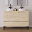COSYNEO - Meuble de salle de bain 140cm avec plateau et 2 vasques à poser rondes - 6 tiroirs - sans miroir - roble calima (bois clair) - RIZA - vignette