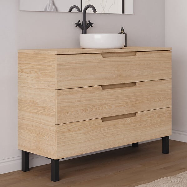 COSYNEO - Meuble de salle de bain 120cm avec plateau et vasque à poser ronde - 3 tiroirs - sans miroir - roble era (chêne clair) - RIZA - large