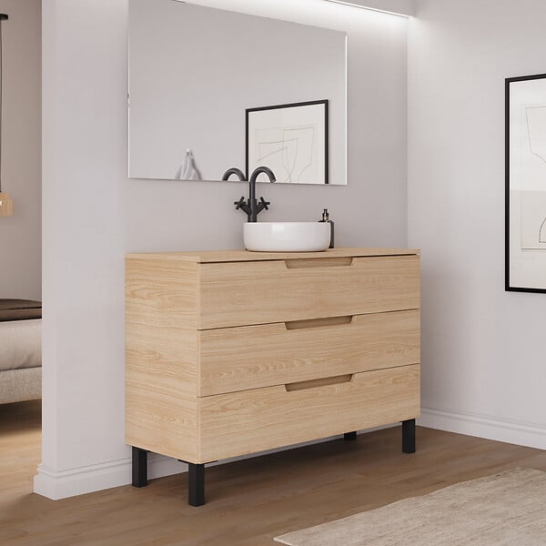 COSYNEO - Meuble de salle de bain 120cm avec plateau et vasque à poser ronde - 3 tiroirs - sans miroir - roble era (chêne clair) - RIZA - large
