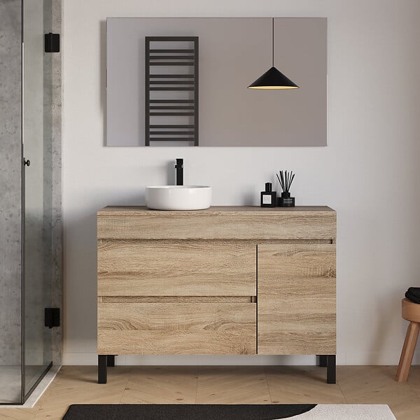 COSYNEO - Meuble de salle de bain 120cm avec plateau et vasque à poser ronde - porte et tiroirs - cambrian (chêne clair) - LAZARO - large