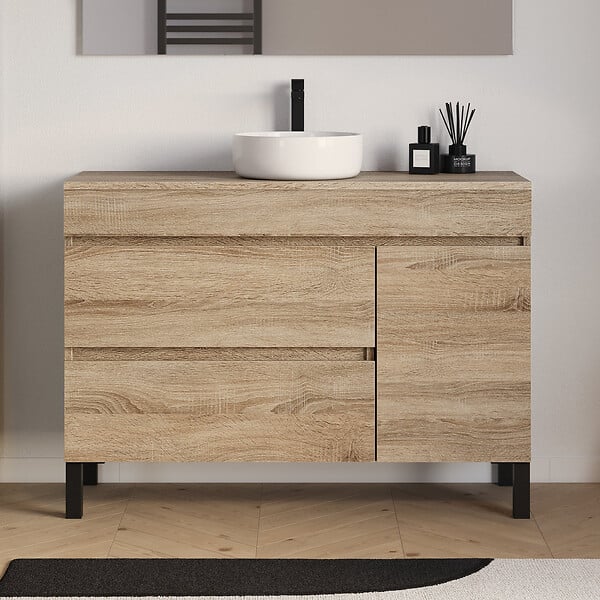 COSYNEO - Meuble de salle de bain 120cm avec plateau et vasque à poser ronde - porte et tiroirs - cambrian (chêne clair) - LAZARO - large