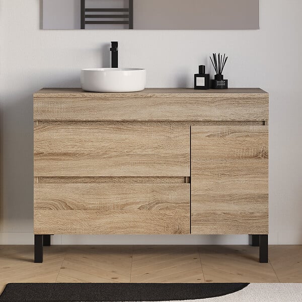 COSYNEO - Meuble de salle de bain 120cm avec plateau et vasque à poser ronde - porte et tiroirs - cambrian (chêne clair) - LAZARO - large