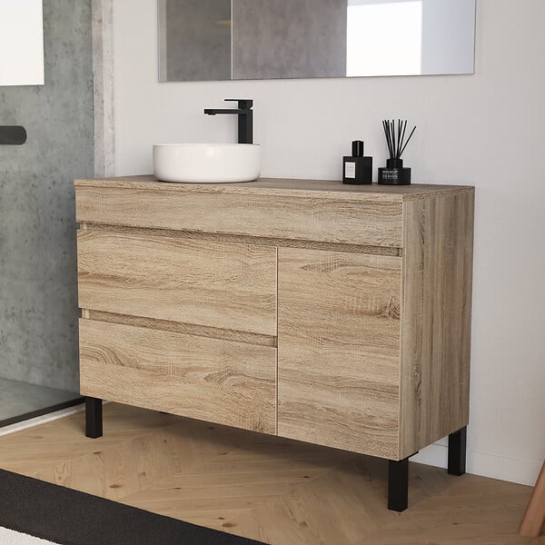 COSYNEO - Meuble de salle de bain 120cm avec plateau et vasque à poser ronde - porte et tiroirs - cambrian (chêne clair) - LAZARO - large