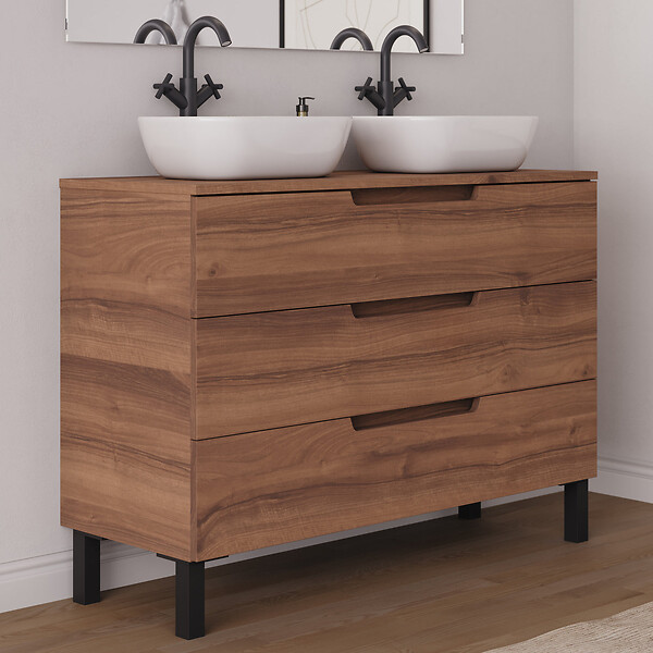 COSYNEO - Meuble de salle de bain 120cm avec plateau et 2 vasques à poser arrondies - 3 tiroirs - sans miroir - noyer (bois foncé) - RIZA - large