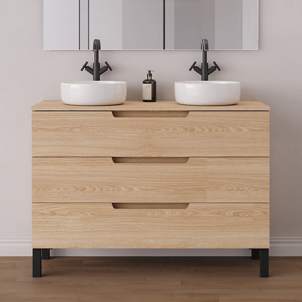 COSYNEO - Meuble de salle de bain 120cm avec plateau et 2 vasques à poser rondes - 3 tiroirs - roble era (chêne clair) - RIZA - large