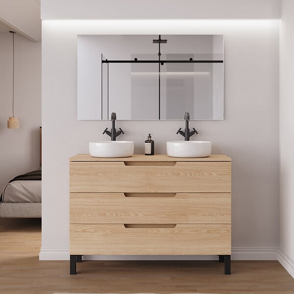 COSYNEO - Meuble de salle de bain 120cm avec plateau et 2 vasques à poser rondes - 3 tiroirs - roble era (chêne clair) - RIZA - large