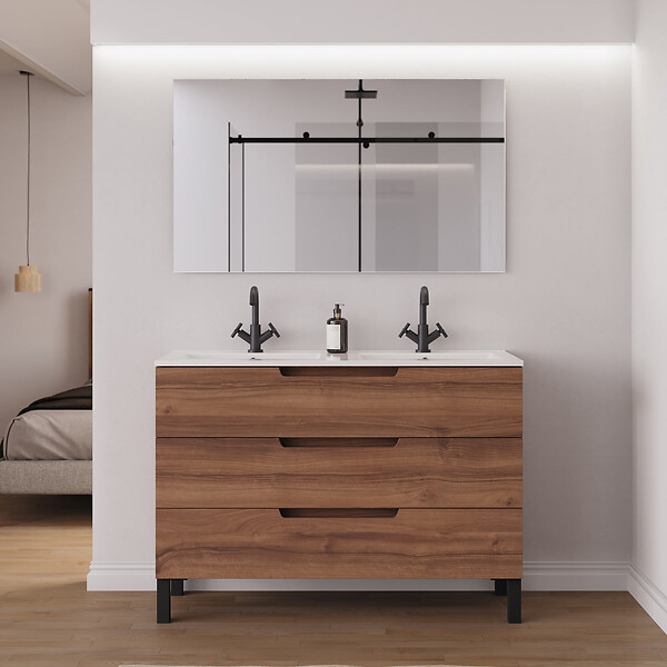 COSYNEO - Meuble de salle de bain 120cm double vasque - 3 tiroirs - noyer (bois foncé) - RIZA - large