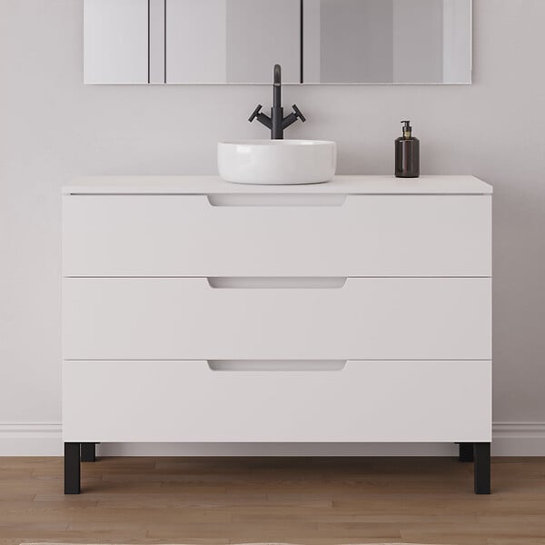 COSYNEO - Meuble de salle de bain 120cm avec plateau et vasque à poser ronde - 3 tiroirs - blanc mat - RIZA - large