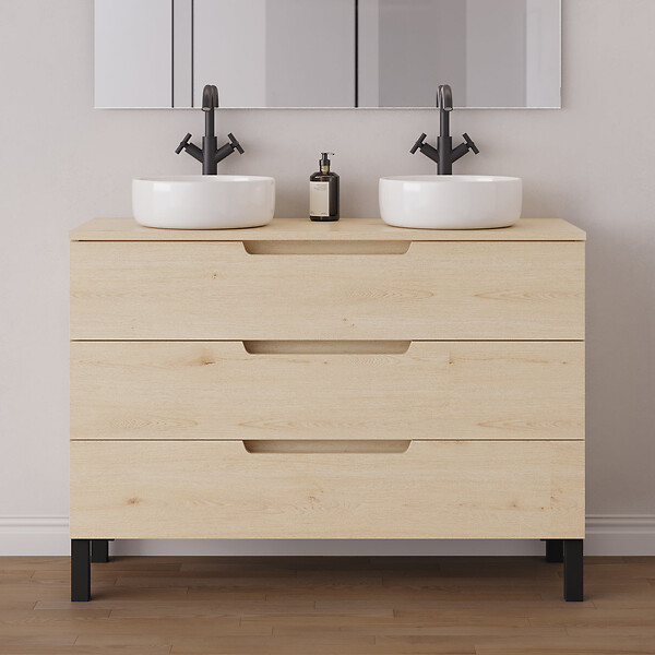 COSYNEO - Meuble de salle de bain 120cm avec plateau et 2 vasques à poser rondes - 3 tiroirs - roble calima (bois clair) - RIZA - large