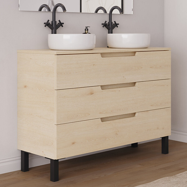 COSYNEO - Meuble de salle de bain 120cm avec plateau et 2 vasques à poser rondes - 3 tiroirs - roble calima (bois clair) - RIZA - large