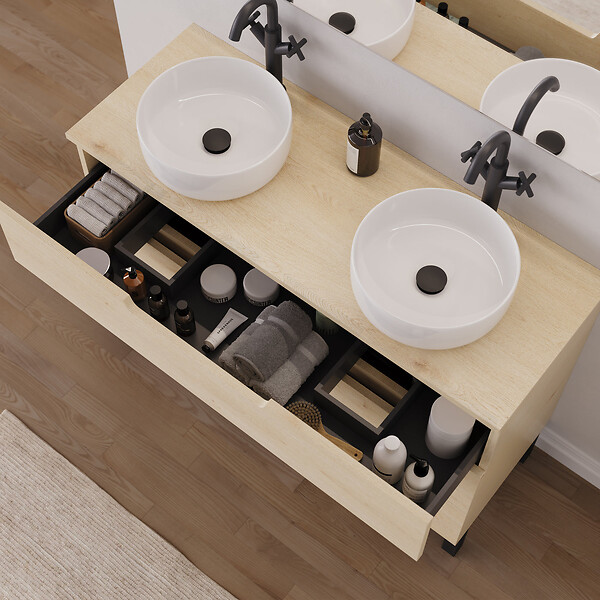 COSYNEO - Meuble de salle de bain 120cm avec plateau et 2 vasques à poser rondes - 3 tiroirs - roble calima (bois clair) - RIZA - large