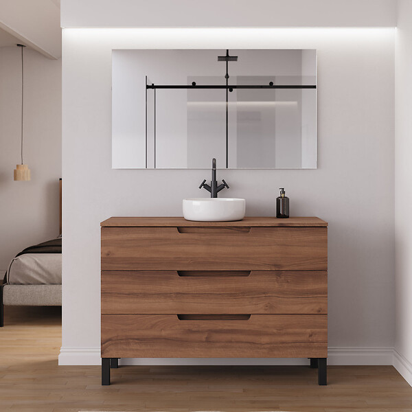 COSYNEO - Meuble de salle de bain 120cm avec plateau et vasque à poser ronde - 3 tiroirs - sans miroir - noyer (bois foncé) - RIZA - large