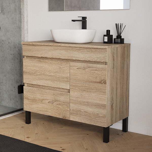 COSYNEO - Meuble de salle de bain 90cm avec plateau et vasque à poser arrondie - porte et tiroirs - sans miroir - cambrian (chêne clair) - LAZARO - large