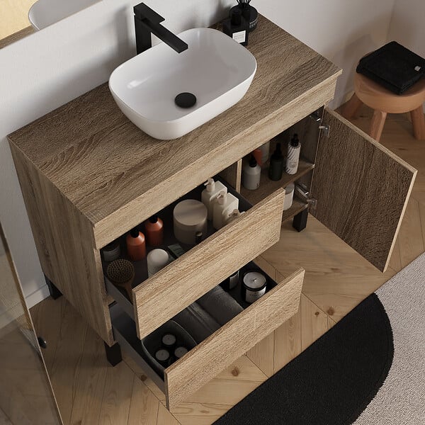 COSYNEO - Meuble de salle de bain 90cm avec plateau et vasque à poser arrondie - porte et tiroirs - sans miroir - cambrian (chêne clair) - LAZARO - large