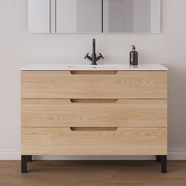 COSYNEO - Meuble de salle de bain 120cm simple vasque - 3 tiroirs - roble era (chêne clair) - RIZA - large