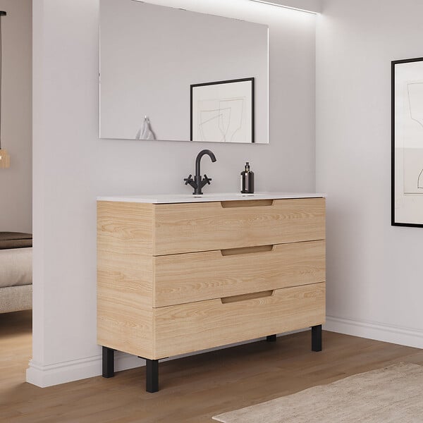 COSYNEO - Meuble de salle de bain 120cm simple vasque - 3 tiroirs - roble era (chêne clair) - RIZA - large