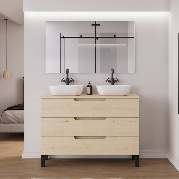 COSYNEO - Meuble de salle de bain 120cm avec plateau et 2 vasques à poser arrondies - 3 tiroirs - sans miroir - roble calima (bois clair) - RIZA - large