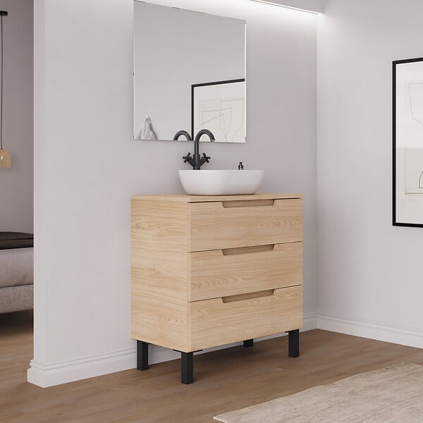 COSYNEO - Meuble de salle de bain 60cm avec plateau et vasque à poser arrondie - sans miroir - 3 tiroirs - roble era (chêne clair) - RIZA - large