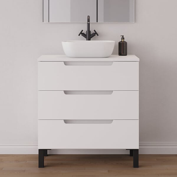 COSYNEO - Meuble de salle de bain 80cm avec plateau et vasque à poser arrondie - 3 tiroirs - blanc mat - RIZA - large