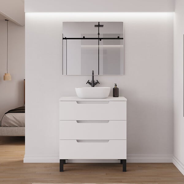 COSYNEO - Meuble de salle de bain 80cm avec plateau et vasque à poser arrondie - 3 tiroirs - blanc mat - RIZA - large